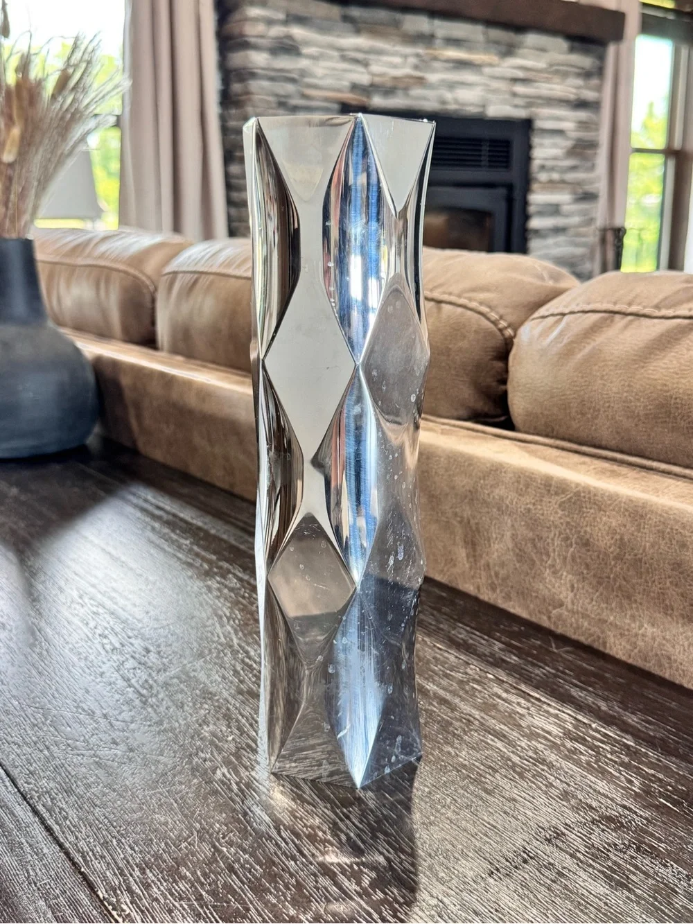 Nambe Metalic Silver Geometric Tall Vase - Elegant Home Accent